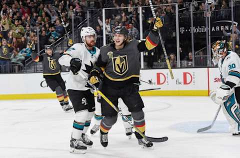 LAS VEGAS, NV – NOVEMBER 24: William Karlsson #71 of the Vegas Golden Knights celebrates after scoring a goal as Joakim Ryan #47 of the San Jose Sharks reacts during the game at T-Mobile Arena on November 24, 2017, in Las Vegas, Nevada. (Photo by Jeff Bottari/NHLI via Getty Images)