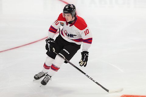 LANGLEY, BRITISH COLUMBIA – JANUARY 25: Forward Tyler Peddle #10 of the Drummondville Voltigeurs skates for Team White during the 2023 Kubota CHL Top Prospects Game at the Langley Events Centre on January 25, 2023 in Langley, British Columbia. (Photo by Dennis Pajot/Getty Images)