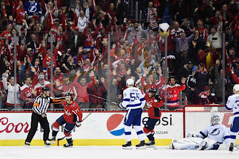 WASHINGTON, DC – MARCH 20: T.J. Oshie #77 of the Washington Capitals celebrates after scoring a second period goal against the Tampa Bay Lightning at Capital One Arena on March 20, 2019 in Washington, DC. (Photo by Patrick McDermott/NHLI via Getty Images)