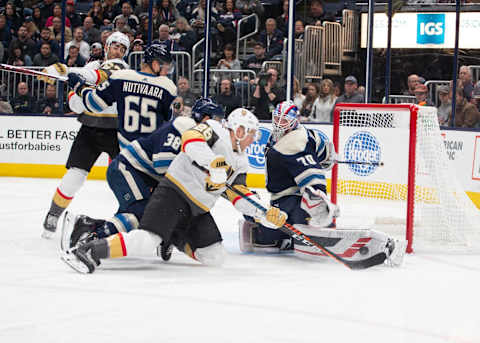 COLUMBUS, OH – NOVEMBER 05: Columbus Blue Jackets goaltender Joonas Korpisalo (70) blocks a shot from Vegas Golden Knights center Paul Stastny (26) during the game between the Columbus Blue Jackets and the Vegas Golden Knights at Nationwide Arena in Columbus, Ohio on November 5, 2019. (Photo by Jason Mowry/Icon Sportswire via Getty Images)