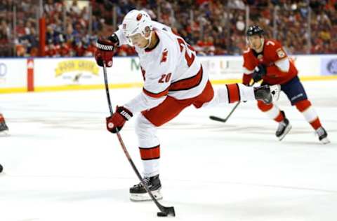 SUNRISE, FLORIDA – OCTOBER 08: Sebastian Aho #20 of the Carolina Hurricanes takes a shot on gaol against the Florida Panthers during the second period at BB&T Center on October 08, 2019 in Sunrise, Florida. (Photo by Michael Reaves/Getty Images)