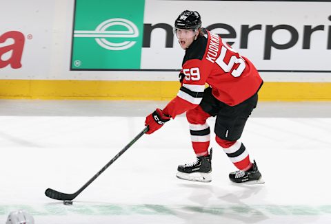 Janne Kuokkanen #59 of the New Jersey Devils. (Photo by Bruce Bennett/Getty Images)