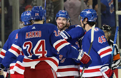 Filip Chytil #72 of the New York Rangers (C) celebrates his second goal of the second period at 6:47 against the Carolina Hurricanes in Game Six(Photo by Bruce Bennett/Getty Images)