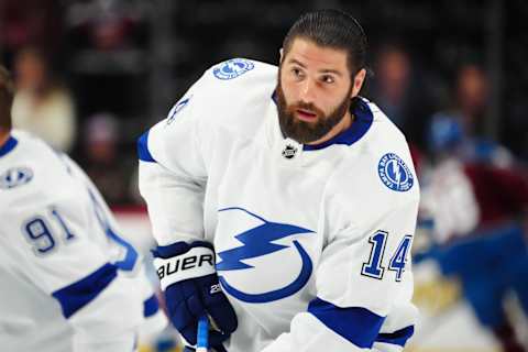 Feb 14, 2023; Denver, Colorado, USA; Tampa Bay Lightning left wing Pat Maroon (14) before the game against the Colorado Avalanche at Ball Arena. Mandatory Credit: Ron Chenoy-USA TODAY Sports