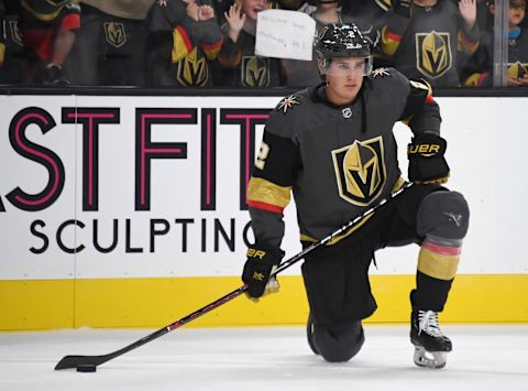 LAS VEGAS, NEVADA – SEPTEMBER 15: Zach Whitecloud #2 of the Vegas Golden Knights stretches during warmups before a preseason game against the Arizona Coyotes at T-Mobile Arena on September 15, 2019 in Las Vegas, Nevada. The Golden Knights defeated the Coyotes 6-2. (Photo by Ethan Miller/Getty Images)