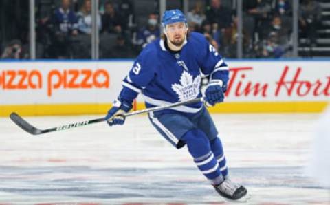 TORONTO, ON – OCTOBER 22: Justin Holl #3 of the Toronto Maple Leafs  . (Photo by Claus Andersen/Getty Images)