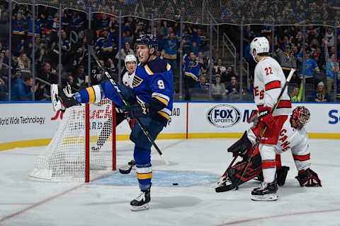 ST. LOUIS, MO – FEBRUARY 4: Sammy Blais #9 of the St. Louis Blues reacts after scoring a goal against the Carolina Hurricanes at Enterprise Center on February 4, 2020 in St. Louis, Missouri. (Photo by Joe Puetz/NHLI via Getty Images)