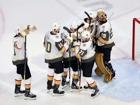 The Vegas Golden Knights celebrate a 2-1 victory over the Chicago Blackhawks in Game Three of the Western Conference First Round during the 2020 NHL Stanley Cup Playoffs. (Photo by Jeff Vinnick/Getty Images)