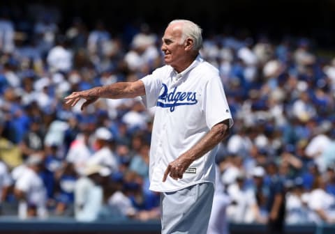 LOS ANGELES, CA – APRIL 03: Former Dodger player Wally Moon throws the ceremonial first pitch during an MLB opening day game between the San Diego Padres and the Los Angeles Dodgers on April 03, 2017, at Dodger Stadium in Los Angeles, CA. (Photo by Chris Williams/Icon Sportswire via Getty Images)