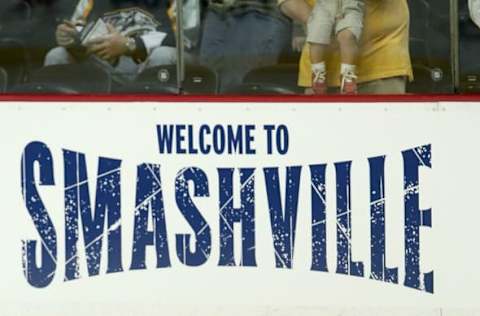 NASHVILLE, TN – SEPTEMBER 26: Welcome to Smashville signage at a pre-season NHL Hockey game at the Sommet Center on September 26, 2009, in Nashville, Tennessee. (Photo by Frederick Breedon/Getty Images)