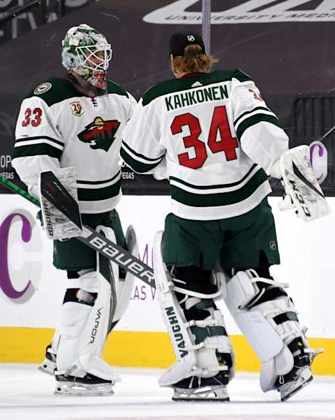 LAS VEGAS, NEVADA – APRIL 01: Cam Talbot #33 and Kaapo Kahkonen #34 of the Minnesota Wild celebrate on the ice after the team’s 3-2 shootout victory over the Vegas Golden Knights at T-Mobile Arena on April 1, 2021 in Las Vegas, Nevada. (Photo by Ethan Miller/Getty Images)