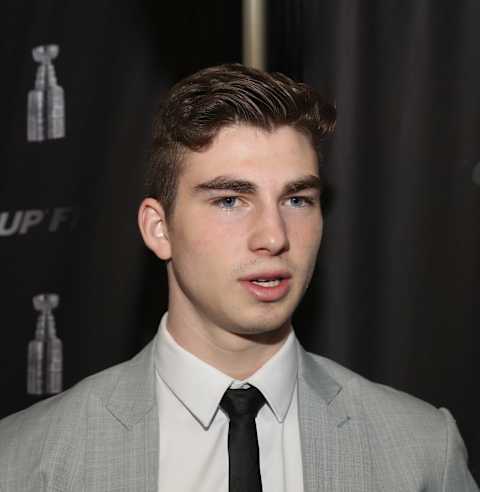 ST LOUIS, MISSOURI – JUNE 03: National Hockey League prospect Kirby Dach speaks with the media at Enterprise Center on June 03, 2019 in St Louis, Missouri. (Photo by Bruce Bennett/Getty Images)