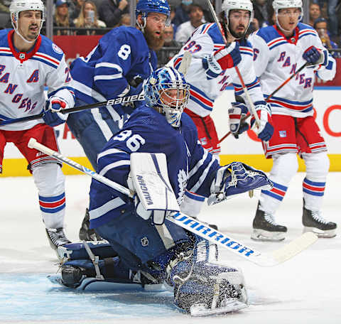 Toronto Maple Leafs kicks a rebound away against the New York Rangers .(Photo by Claus Andersen/Getty Images)