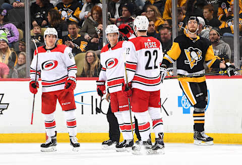 PITTSBURGH, PA – JANUARY 04: Sebastian Aho #20 of the Carolina Hurricanes celebrates his second goal of the game with teammates during the third period against the Pittsburgh Penguins at PPG Paints Arena on January 4, 2018 in Pittsburgh, Pennsylvania. (Photo by Joe Sargent/NHLI via Getty Images)