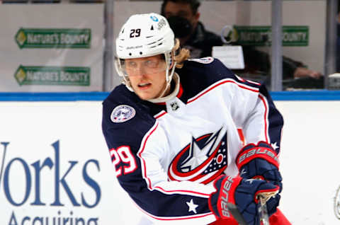 ELMONT, NEW YORK – MARCH 31: Patrik Laine #29 of the Columbus Blue Jackets skates in his 400th NHL game against the New York Islanders at the UBS Arena on March 31, 2022 in Elmont, New York. (Photo by Bruce Bennett/Getty Images)