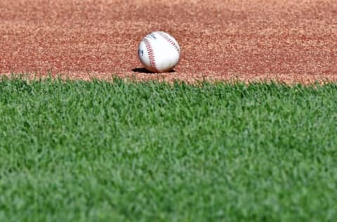 Sep 15, 2016; Kansas City, MO, USA; A general view of a baseball on the field prior to the game between the Oakland Athletics and the Kansas City Royals at Kauffman Stadium. Mandatory Credit: Peter G. Aiken-USA TODAY Sports. MLB.