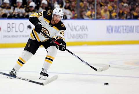 Mar 19, 2023; Buffalo, New York, USA; Boston Bruins defenseman Matt Grzelcyk (48) – could the Jackets pluck him away from the Bruins? Mandatory Credit: Timothy T. Ludwig-USA TODAY Sports