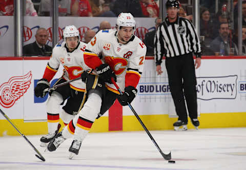 DETROIT, MICHIGAN – FEBRUARY 23: Sean Monahan #23 of the Calgary Flames skates against the Detroit Red Wings at Little Caesars Arena on February 23, 2020 in Detroit, Michigan. (Photo by Gregory Shamus/Getty Images)