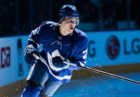 TORONTO, ON - NOVEMBER 16: William Nylander #29 of the Toronto Maple Leafs skates during pre-game before facing the New Jersey Devils at the Air Canada Centre on November 16, 2017 in Toronto, Ontario, Canada. (Photo by Kevin Sousa/NHLI via Getty Images)