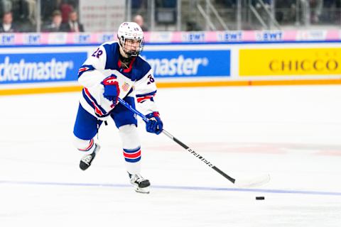 BASEL, SWITZERLAND – APRIL 30: Zeev Buium of United States in action during final of U18 Ice Hockey World Championship match between United States and Sweden at St. Jakob-Park at St. Jakob-Park on April 30, 2023 in Basel, Switzerland. (Photo by Jari Pestelacci/Eurasia Sport Images/Getty Images)