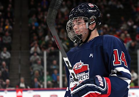 ST. PAUL, MN – SEPTEMBER 19: Team Leopold forward Cole Caufield (14) skates to the bench during the USA Hockey All-American Prospects Game between Team Leopold and Team Langenbrunner on September 19, 2018 at Xcel Energy Center in St. Paul, MN. Team Leopold defeated Team Langenbrunner 6-4.(Photo by Nick Wosika/Icon Sportswire via Getty Images)