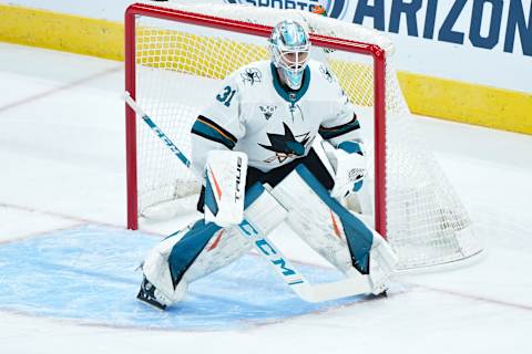 San Jose Sharks goaltender Martin Jones (31). Mandatory Credit: Matt Kartozian-USA TODAY Sports