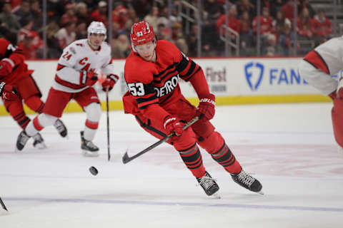 Dec 13, 2022; Detroit, Michigan, USA; Detroit Red Wings defenseman Moritz Seider (53) handles the puck during the second period at Little Caesars Arena. Mandatory Credit: Brian Bradshaw Sevald-USA TODAY Sports