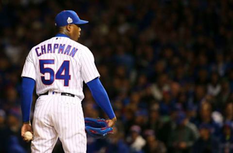 Oct 30, 2016; Chicago, IL, USA; Chicago Cubs relief pitcher Aroldis Chapman (54) prepares to pitch during the ninth inning in game five of the 2016 World Series against the Cleveland Indians at Wrigley Field. Mandatory Credit: Jerry Lai-USA TODAY Sports