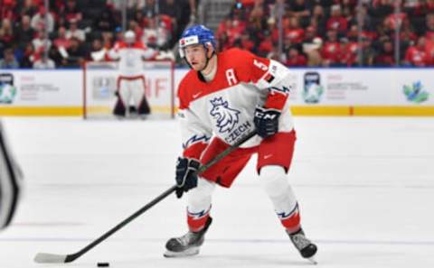 EDMONTON, AB – AUGUST 19: David Jiricek #5 of Czechia skates during the game against Canada in the IIHF World Junior Championship on August 19, 2022 at Rogers Place in Edmonton, Alberta, Canada (Photo by Andy Devlin/ Getty Images)