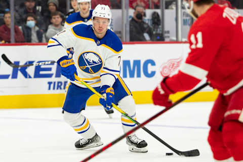 Jan 15, 2022; Detroit, Michigan, USA; St. Louis Blues left wing Victor Olofsson (71) skates with the puck during the third period against the Detroit Red Wings at Little Caesars Arena. Mandatory Credit: Raj Mehta-USA TODAY Sports