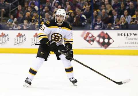 Feb 16, 2016; Columbus, OH, USA; Boston Bruins center Ryan Spooner (51) against the Columbus Blue Jackets at Nationwide Arena. The Bruins won 2-1 in overtime. Mandatory Credit: Aaron Doster-USA TODAY Sports