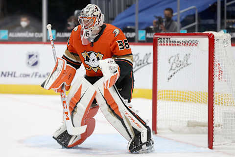 DENVER, COLORADO – MARCH 05: John Gibson #36 of the Anaheim Ducks (Photo by Matthew Stockman/Getty Images)