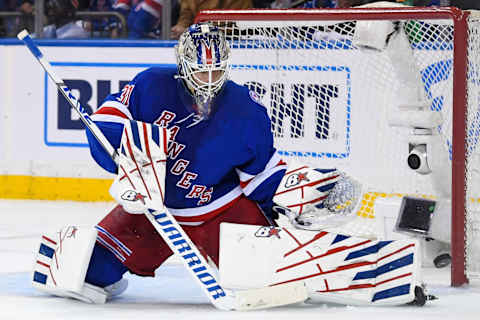 May 5, 2022; New York, New York, USA; New York Rangers goaltender Igor Shesterkin (31) makes a save against the Pittsburgh Penguins during the second period in game two of the first round of the 2022 Stanley Cup Playoffs at Madison Square Garden. Mandatory Credit: Dennis Schneidler-USA TODAY Sports