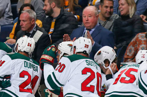 NASHVILLE, TN – OCTOBER 15: Minnesota Wild, Matt Dumba #24, Ryan Suter #20, Matt Hendricks #15, Bruce Boudreau, Dean Evason (Photo by Frederick Breedon/Getty Images)