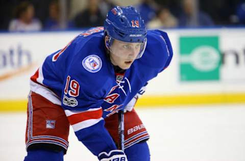 Apr 2, 2017; New York, NY, USA; New York Rangers right wing Jesper Fast (19) waits for a face off against the Philadelphia Flyers during the first period at Madison Square Garden. Mandatory Credit: Danny Wild-USA TODAY Sports