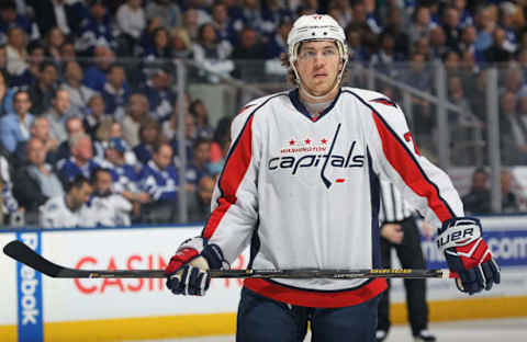 TORONTO,ON – APRIL 23: T.J. Oshie #77 of the Washington Capitals waits for a faceoff against the Toronto Maple Leafs in Game Six of the Eastern Conference Quarterfinals during the 2017 NHL Stanley Cup Playoffs at the Air Canada Centre on April 23, 2017 in Toronto, Ontario, Canada. The Capitals defeated the Maple Leafs 2-1 in overtime to win series 4-2. (Photo by Claus Andersen/Getty Images)