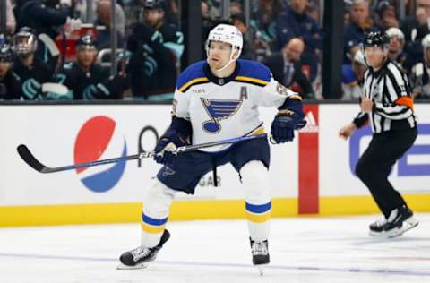 SEATTLE, WASHINGTON – OCTOBER 19: Colton Parayko #55 of the St. Louis Blues skates in his 500th career NHL game during the first period against the Seattle Kraken at Climate Pledge Arena on October 19, 2022 in Seattle, Washington. (Photo by Steph Chambers/Getty Images)