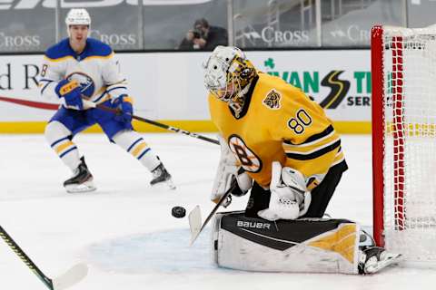 Mar 27, 2021; Boston, Massachusetts, USA; Boston Bruins goaltender Dan Vladar (80) makes a save against the Buffalo Sabres during the second period at TD Garden. Mandatory Credit: Winslow Townson-USA TODAY Sports