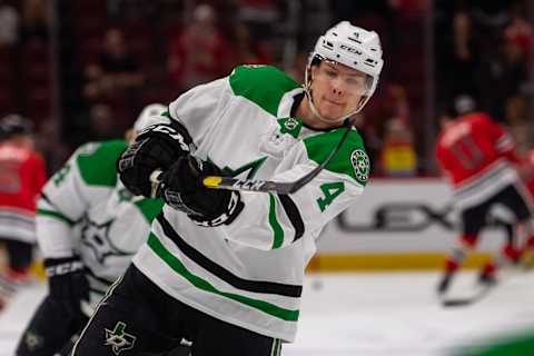 CHICAGO, IL – APRIL 05: Dallas Stars defenseman Miro Heiskanen (4) warms up prior to a game against the Chicago Blackhawks on April 5, 2019, at the United Center in Chicago, IL. (Photo by Patrick Gorski/Icon Sportswire via Getty Images)