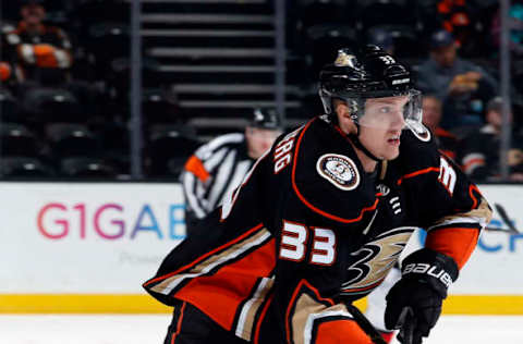 ANAHEIM, CA – JANUARY 9: Jakob Silfverberg #33 of the Anaheim Ducks skates with the puck during the game against the Ottawa Senators on January 9, 2018, at Honda Center in Anaheim, California. (Photo by Debora Robinson/NHLI via Getty Images)