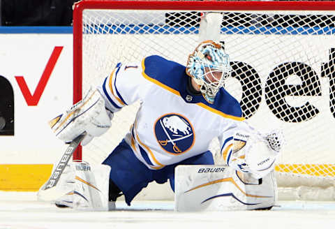 ELMONT, NEW YORK – MARCH 07: Ukko-Pekka Luukkonen #1 of the Buffalo Sabres skates against the New York Islanders at the UBS Arena on March 07, 2023 in Elmont, New York. (Photo by Bruce Bennett/Getty Images)