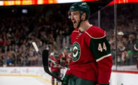 Dec 17, 2016; Saint Paul, MN, USA; Minnesota Wild forward Tyler Graovac (44) celebrates after scoring a goal during the second period against the Arizona Coyotes at Xcel Energy Center. Mandatory Credit: Brace Hemmelgarn-USA TODAY Sports