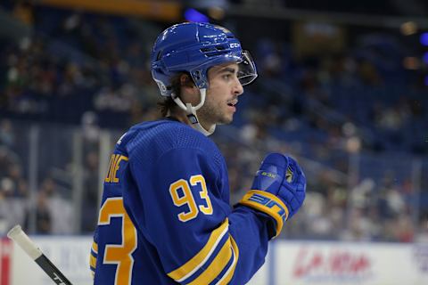 BUFFALO, NEW YORK – SEPTEMBER 27: Matt Savoie #93 of the Buffalo Sabres looks on during the second period against the Philadelphia Flyers at KeyBank Center on September 27, 2022 in Buffalo, New York. (Photo by Joshua Bessex/Getty Images)