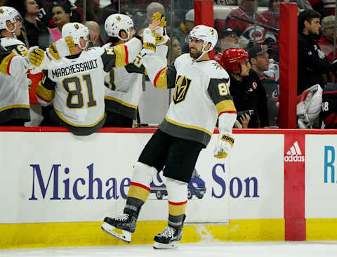 RALEIGH, NC – JANUARY 31: Alex Tuch #89 of the Vegas Golden Knights scores the game winning goal and celebrates with teammates during an NHL game against the Carolina Hurricanes on January 31, 2020 at PNC Arena in Raleigh, North Carolina. (Photo by Gregg Forwerck/NHLI via Getty Images)