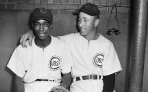 Sam Jones, with Cub teammate Ernie Banks, during his best season, 1955. This photo was taken shortly after Jones pitched his dramatic no-hitter.