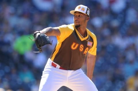 Jul 10, 2016; San Diego, CA, USA; USA pitcher Amir Garrett throws a pitch in the second inning during the All Star Game futures baseball game at PetCo Park. Mandatory Credit: Gary A. Vasquez-USA TODAY Sports