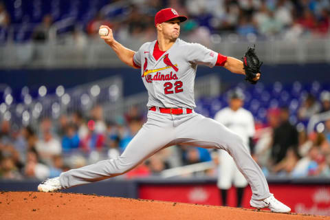 Jul 6, 2023; Miami, Florida, USA; St. Louis Cardinals starting pitcher Jack Flaherty (22) throws a pitch against the Miami Marlins during the first inning at loanDepot Park. Mandatory Credit: Rich Storry-USA TODAY Sports