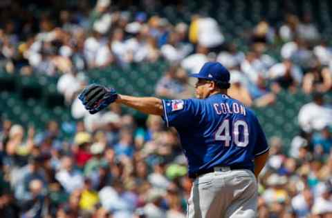 SEATTLE, WA – MAY 16: Bartolo Colon #40 of the Texas Rangers waves to fans as he is replaced in the eighth inning against the Seattle Mariners at Safeco Field on May 16, 2018 in Seattle, Washington. (Photo by Lindsey Wasson/Getty Images)