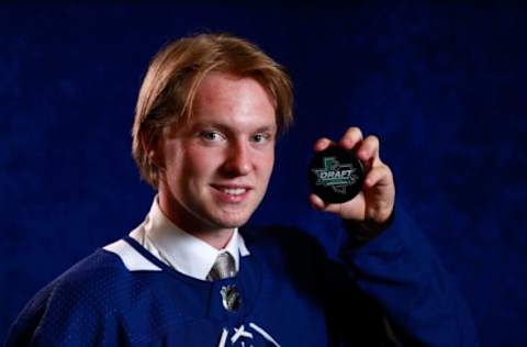 DALLAS, TX – JUNE 22: Rasmus Sandin poses for a portrait after being selected twenty-ninth overall by the Toronto Maple Leafs during the first round of the 2018 NHL Draft at American Airlines Center on June 22, 2018 in Dallas, Texas. (Photo by Jeff Vinnick/NHLI via Getty Images)