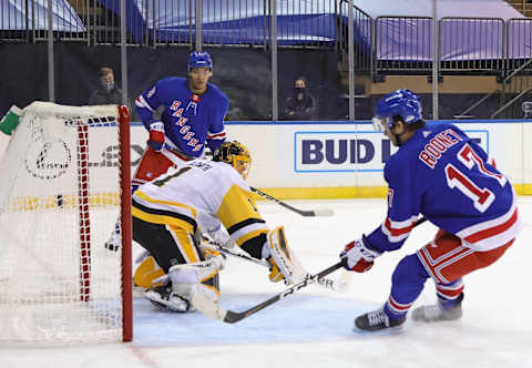 Kevin Rooney #17 of the New York Rangers scores a second period goal Mandatory Credit: Bruce Bennett/POOL PHOTOS-USA TODAY Sports